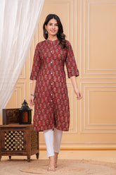 Red Ajrak Print Cotton Long Kurta for Women – Handcrafted Elegance in Pure Cotton